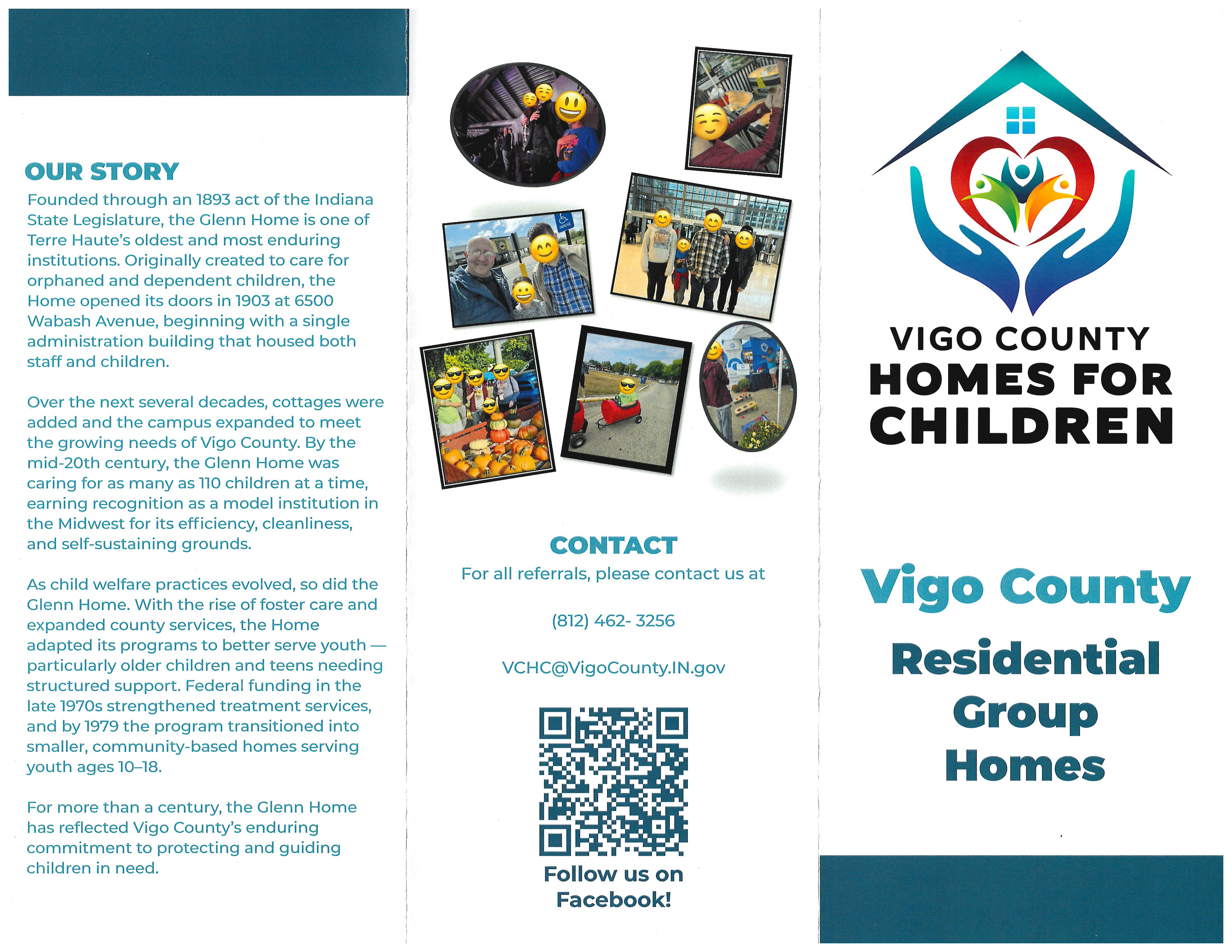 Vigo County Homes for Children brochure, page 1: mission, services and contact information